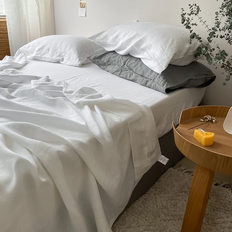 Simple&Opulence 100% Linen Fitted Sheet Twin(1 Piece), 14 Inch Deep Pocket Mattress Cover Natural French Flax Stone Washed Farmhouse Soft Breathable Bottom Sheets-White - Image 4